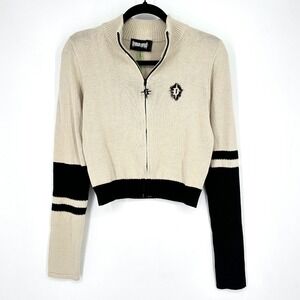 NWT Darker Waves Dolls Kill Cropped Zip Sweater Beige Black Stripe Knit Jacket L